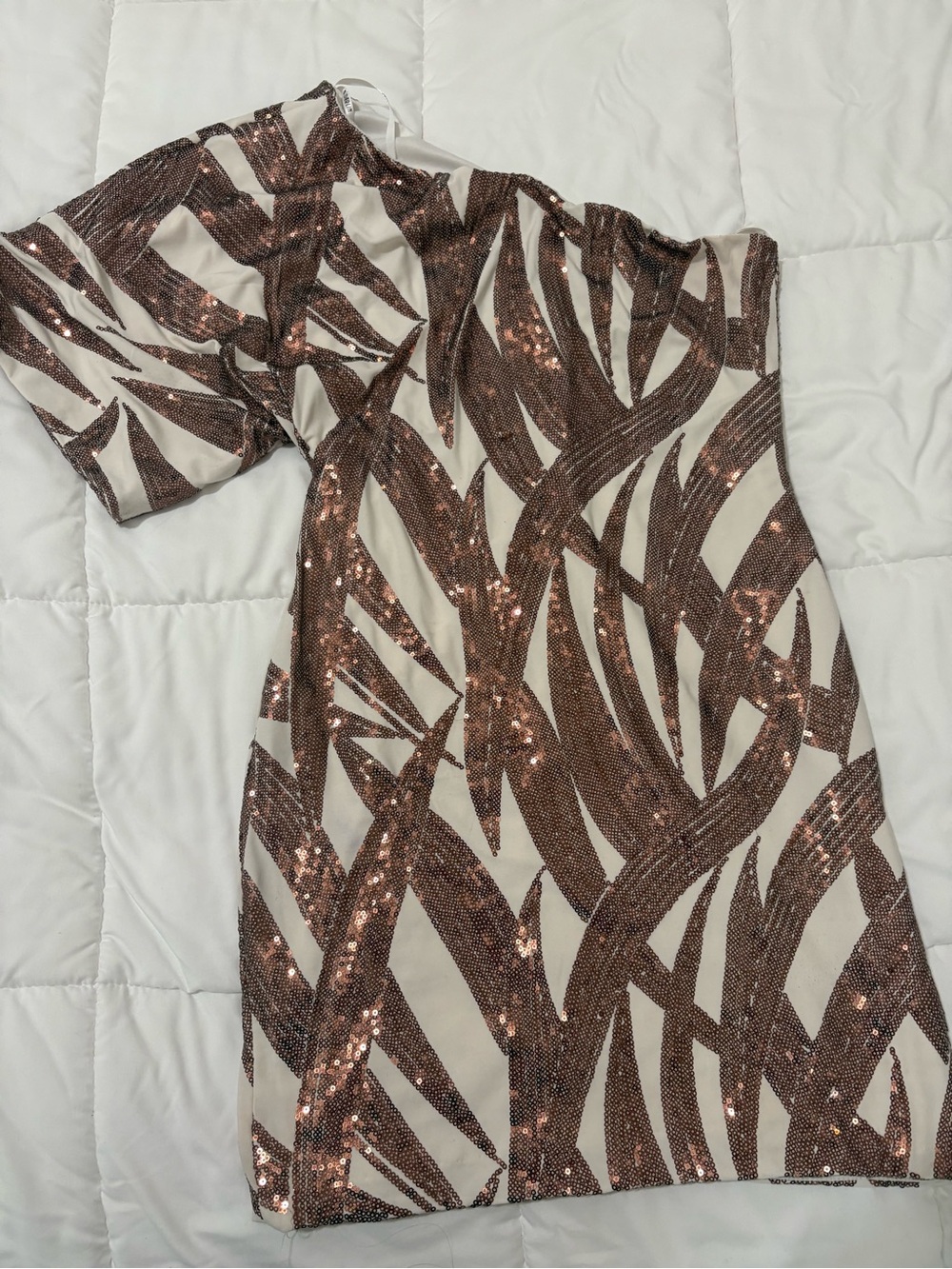 Sequin One-Shoulder Mini Dress in bronze